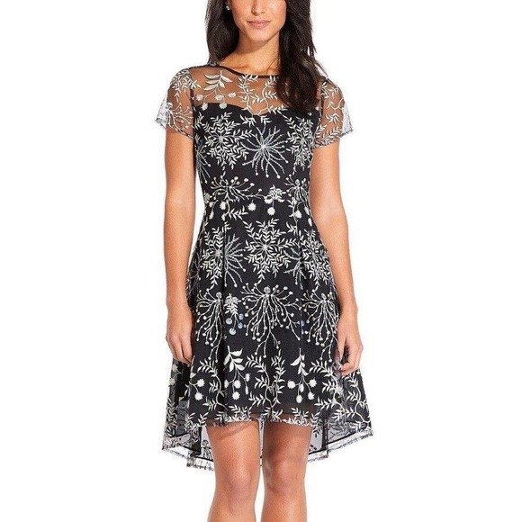Adrianna Papell Dresses & Skirts - Adrianna Papell Formal Navy Mesh Floral Embroidered Fit & Flare Dress Size 4